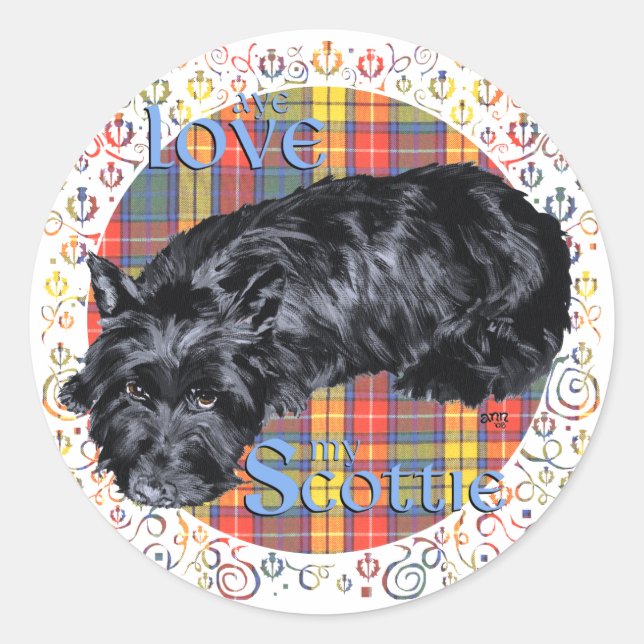 Scottish Terrier on Buchanan Plaid Classic Round Sticker (Front)