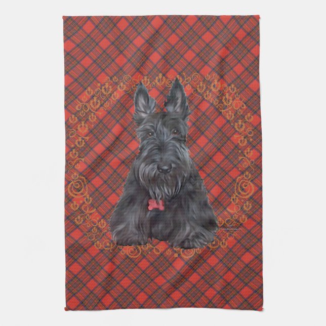 Scottish Terrier on Tartan Tea Towel (Vertical)