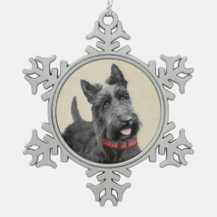 Scottish Terrier Painting - Cute Original Dog Art Snowflake Pewter Christmas Ornament