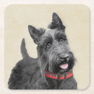 Scottish Terrier Painting - Cute Original Dog Art Square Paper Coaster