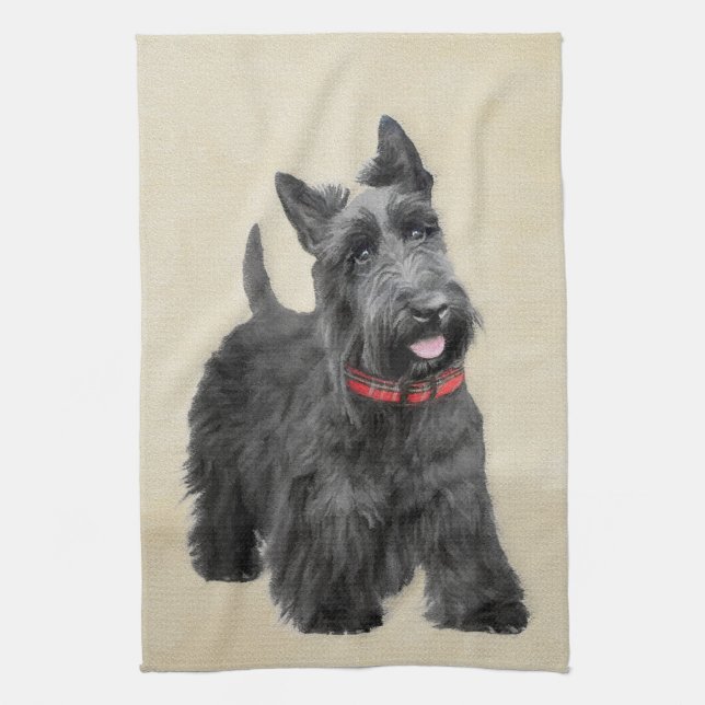 Scottish Terrier Painting - Cute Original Dog Art Tea Towel (Vertical)
