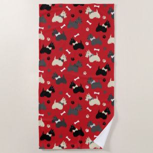 Scottish Terrier Paws and Bones Red Beach Towel