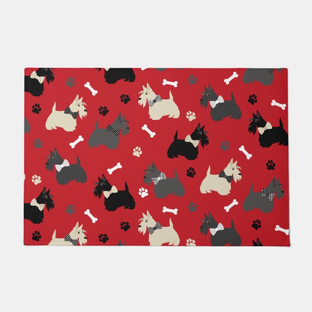 Scottish Terrier Paws and Bones Red Doormat (Front)
