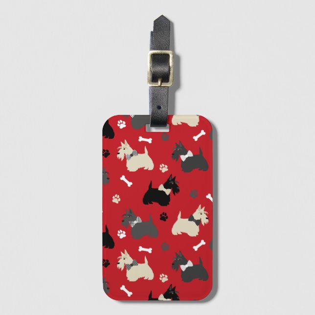 Scottish Terrier Paws and Bones Red Luggage Tag (Front Vertical)