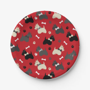 Scottish Terrier Paws and Bones Red Paper Plate