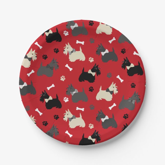 Scottish Terrier Paws and Bones Red Paper Plate (Front)