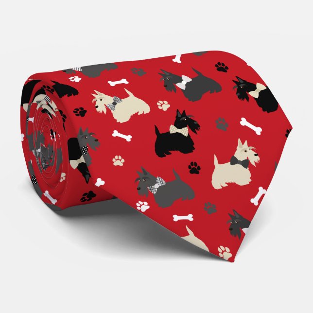 Scottish Terrier Paws and Bones Red Tie (Rolled)