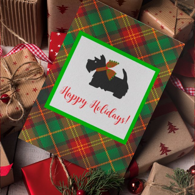 Scottish Terrier Plaid Holiday Greeting Card (Jaunty Scottie dog is the star of this holiday card! You can personalize.)