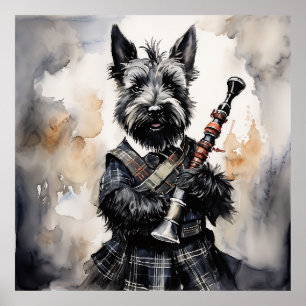 Scottish Terrier Playing-Bagpipes in a Kilt Ink Poster