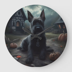 Scottish Terrier Pumpkins Halloween Scary Large Clock