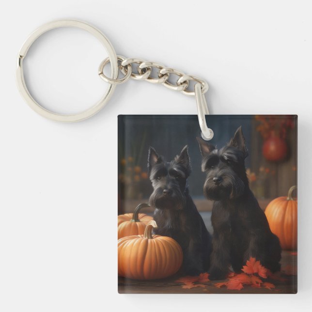 Scottish Terrier Puppy Autumn Delight Pumpkin Key Ring (Front)