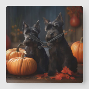 Scottish Terrier Puppy Autumn Delight Pumpkin Square Wall Clock