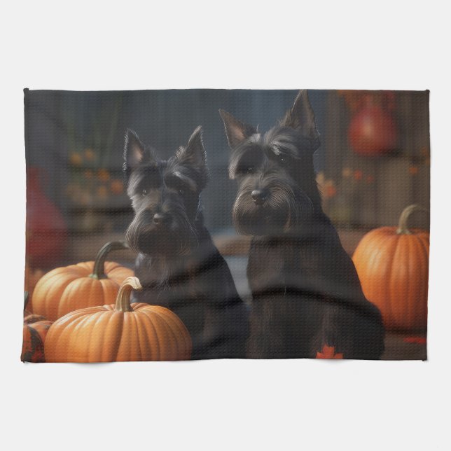 Scottish Terrier Puppy Autumn Delight Pumpkin Tea Towel (Horizontal)