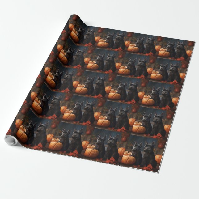 Scottish Terrier Puppy Autumn Delight Pumpkin Wrapping Paper (Unrolled)