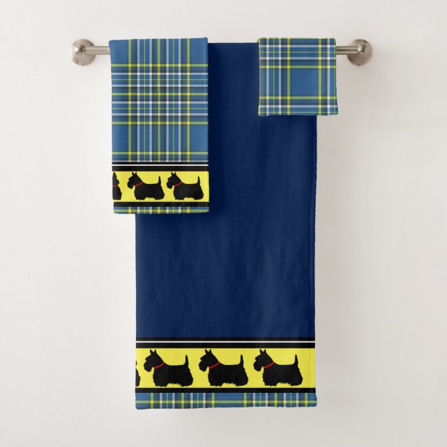 Scottish Terrier/red collar/blue plaid/border Bath Towel Set (Insitu)
