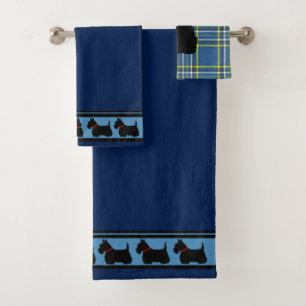 Scottish Terrier/red collar/blue plaid/border Bath Towel Set