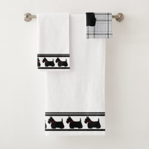 Scottish Terrier/red collar/grey plaid/border Bath Towel Set