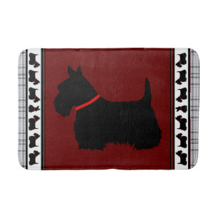 Scottish Terrier/red collar/grey plaid, red Bath Mat