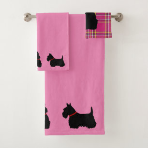 Scottish Terrier/red collar/pink - pink plaid Bath Towel Set