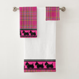 Scottish Terrier/red collar/pink plaid/border Bath Towel Set