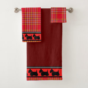 Scottish Terrier/red collar/red plaid/border Bath Towel Set