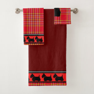 Scottish Terrier/red collar/red plaid/border Bath Towel Set