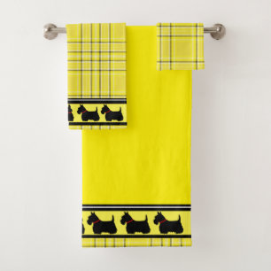 Scottish Terrier/red collar/yellow plaid/border Bath Towel Set
