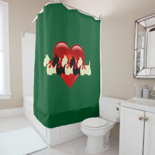 Scottish Terrier/red heart/kelly/Irish green Shower Curtain