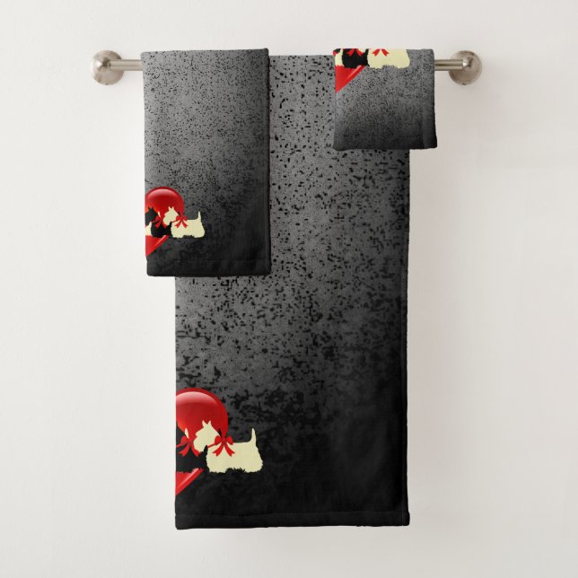 Scottish Terrier/red heart/red bow/granite silver Bath Towel Set (Insitu)
