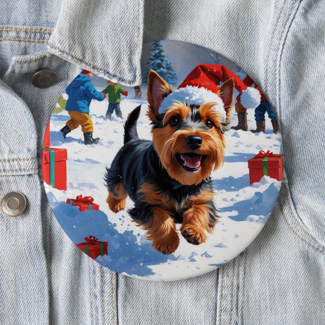 Scottish Terrier Running Snow with Christmas Hat 6 Cm Round Badge (In Situ)