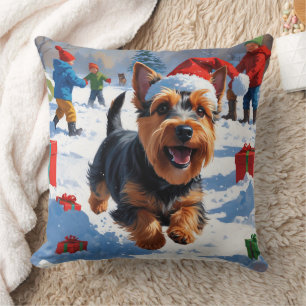 Scottish Terrier Running Snow with Christmas Hat Cushion