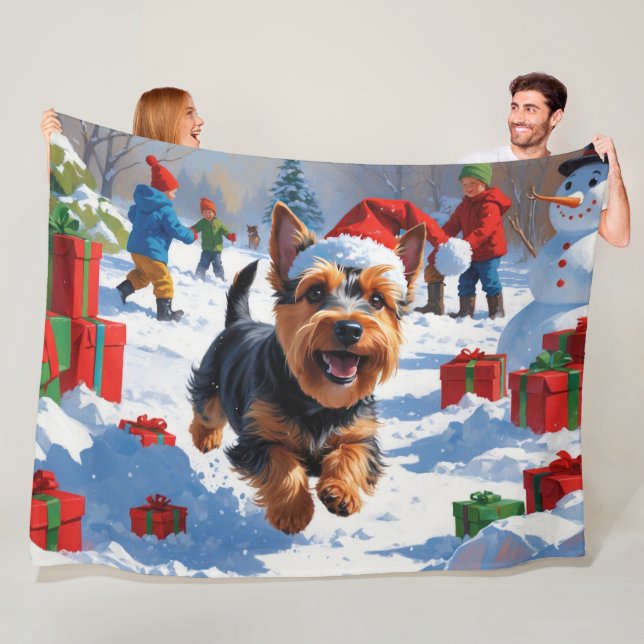 Scottish Terrier Running Snow with Christmas Hat Fleece Blanket (In Situ)