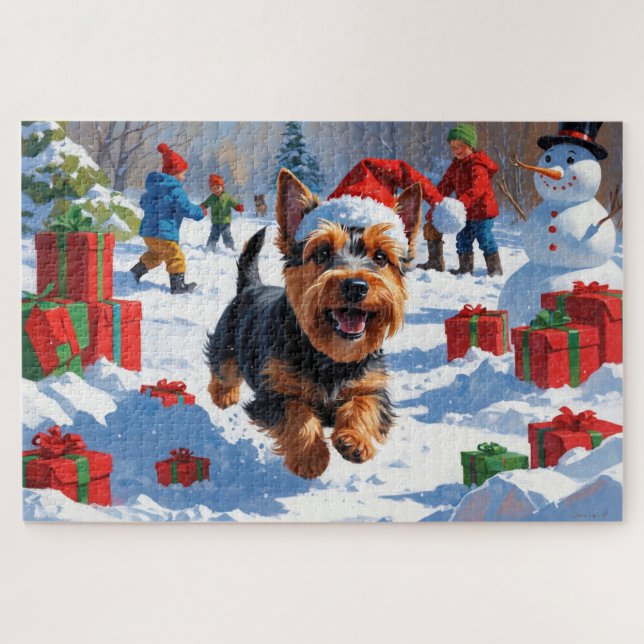 Scottish Terrier Running Snow with Christmas Hat Jigsaw Puzzle (Horizontal)