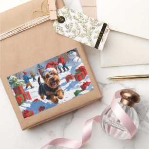 Scottish Terrier Running Snow with Christmas Hat Rectangular Sticker