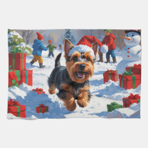 Scottish Terrier Running Snow with Christmas Hat Tea Towel