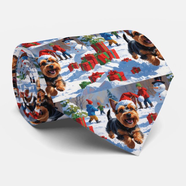 Scottish Terrier Running Snow with Christmas Hat Tie (Rolled)