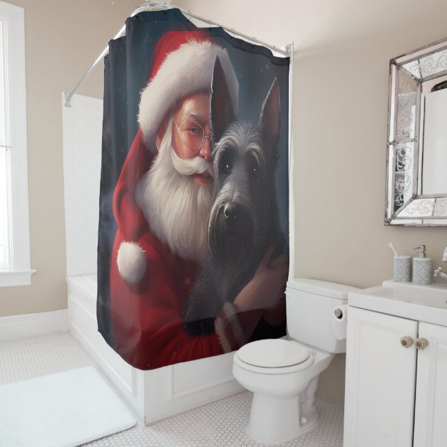 Scottish Terrier Santa Claus Festive Christmas Shower Curtain (In Situ)