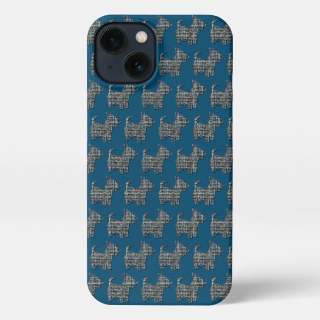Scottish Terrier Scottie Dog Silhouette Grid Blue iPhone Case (Back)