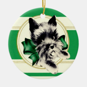 Scottish Terrier Scottie Dog  with green bow Ceramic Ornament