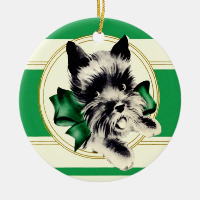 Scottish Terrier Scottie Dog  with green bow Ceramic Ornament (Front)