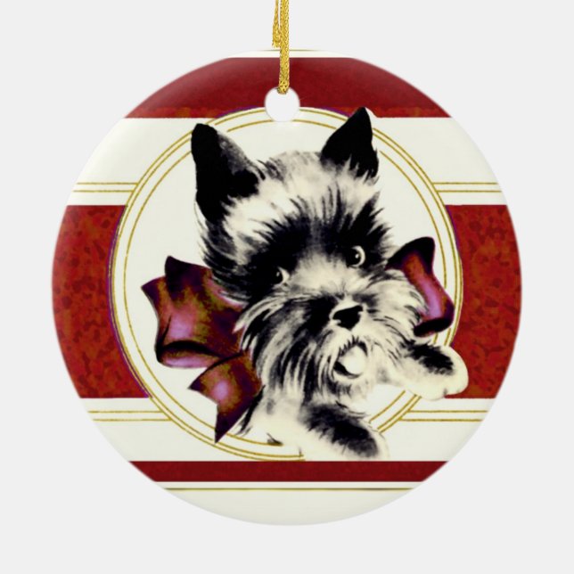 Scottish Terrier Scottie Dog  with red bow Ceramic Ornament (Back)