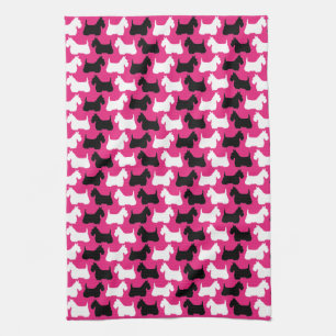 Scottish Terrier silhouette, black/white/pink Tea Towel