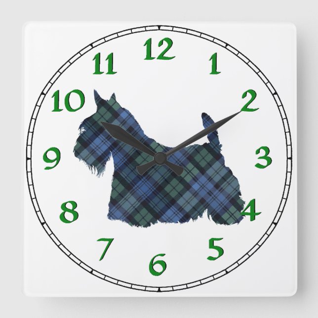 Scottish Terrier Tartan Silhouette Square Wall Clock (Front)