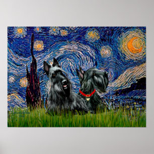 Scottish Terrier (two black) - Starry Night Poster