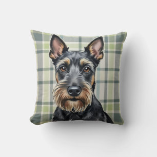 Scottish Terrier Watercolor Tartan Pattern Art Cushion