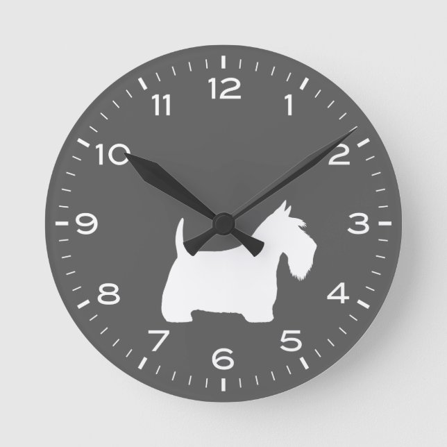 Scottish Terrier White Scottie Dog Silhouette Round Clock (Front)
