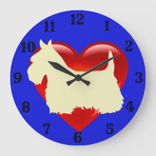 Scottish Terrier white silhouette red heart/blue Large Clock