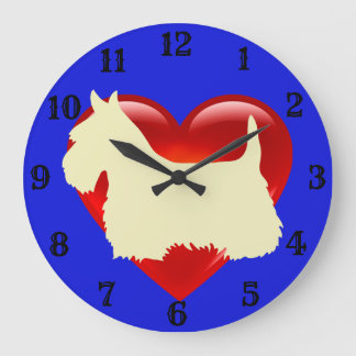 Scottish Terrier white silhouette red heart/blue Large Clock