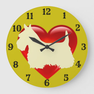 Scottish Terrier white silhouette red heart/gold Large Clock