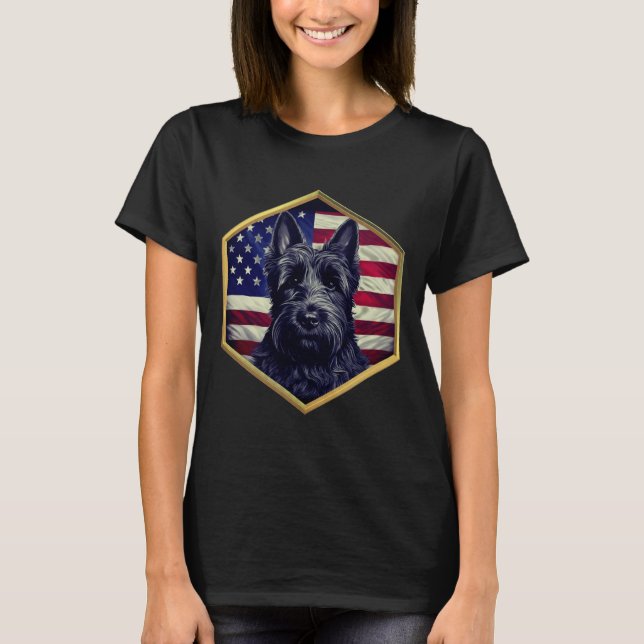 Scottish Terrier With American Flag Gold Frame T-Shirt (Front)